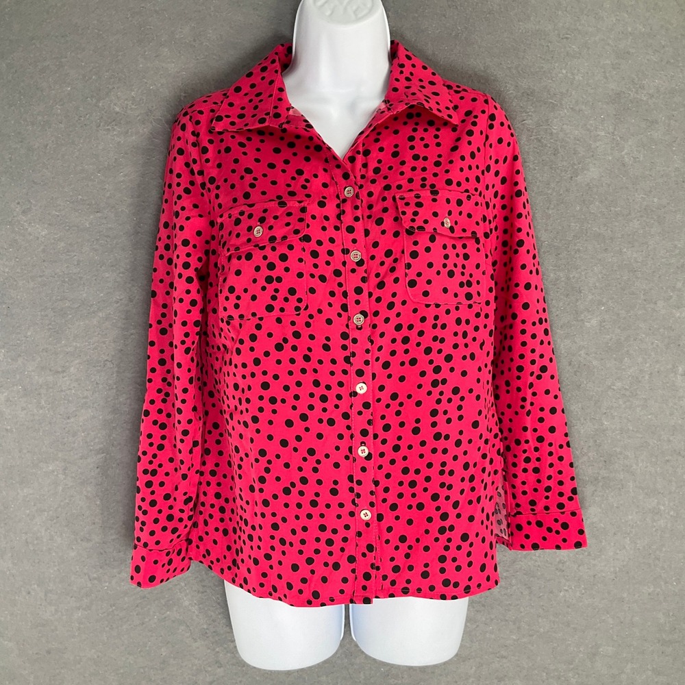 Notations Top‎ Women's Sz S Pink Black Polka Dot Button Up Long Sleeve Shirt